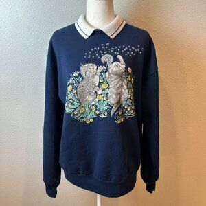 Vtg 90s Morning Sun Kitten Dandelion Collared Sweatshirt Large Grannycore